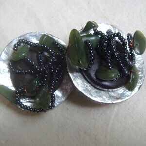 Artisan Vintage Gemstone Wire Bead Chunky Abalone Button Earrings